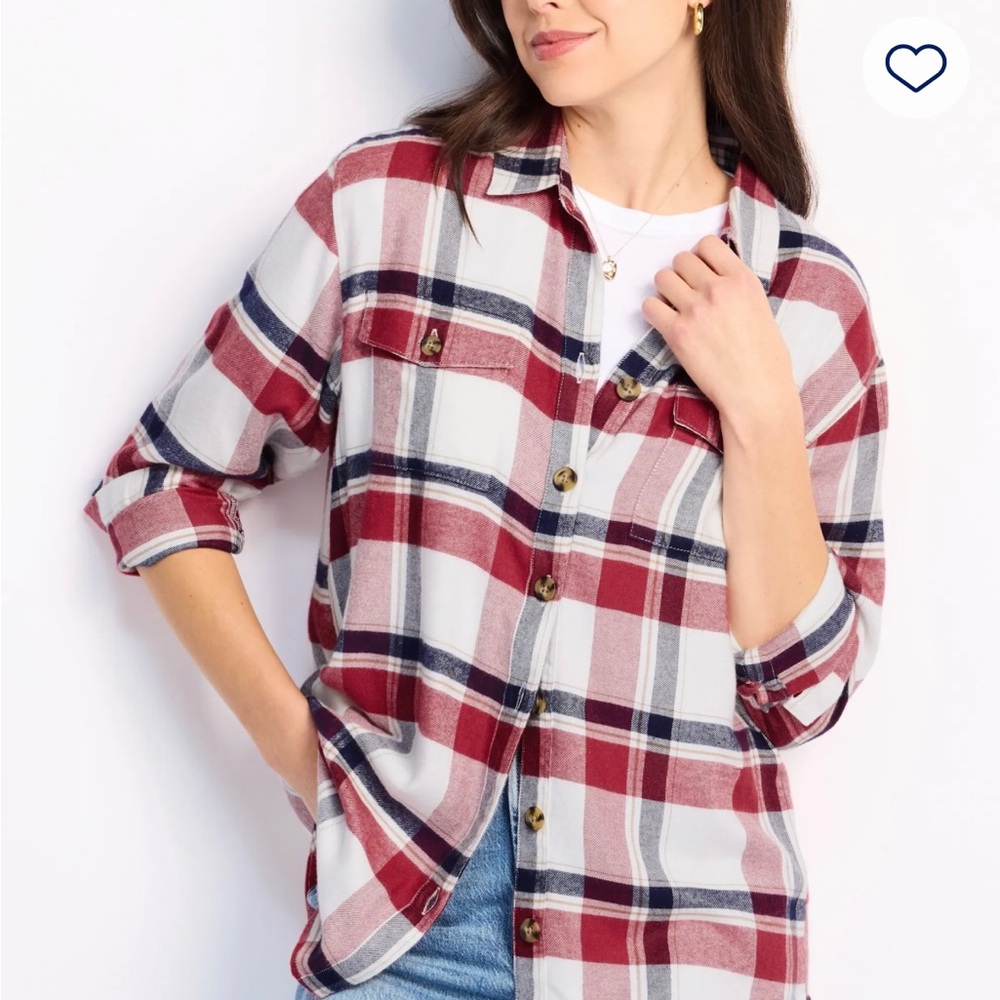 Red and White 3/4 Sleeve Button Down Shirt with Notched Collar